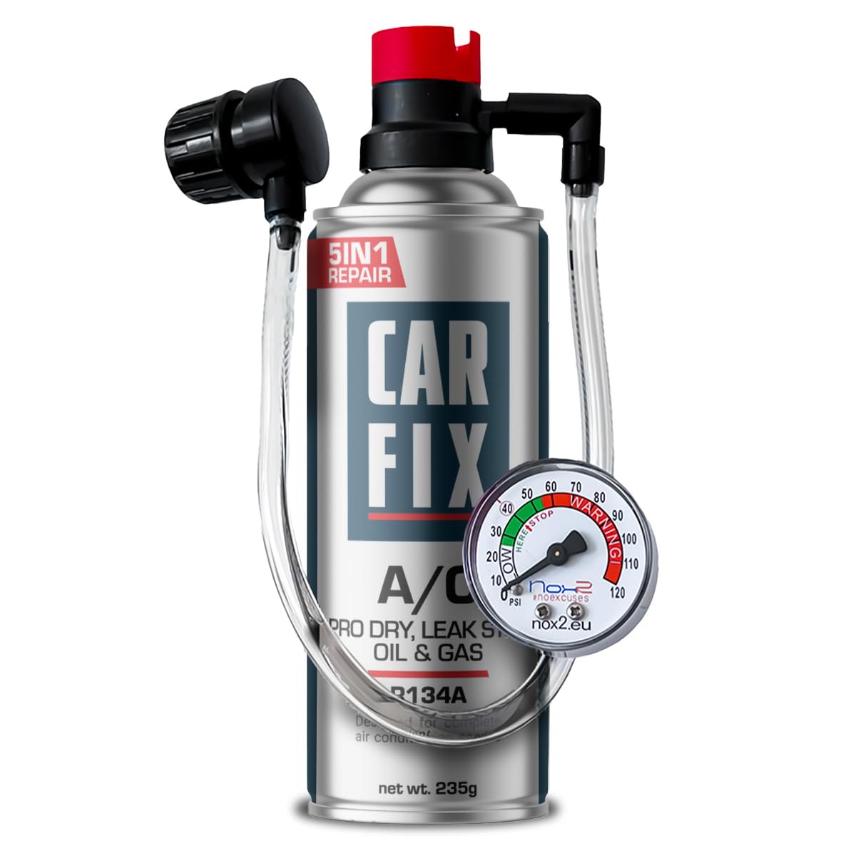 CARFIX Hobby, remplacement r134a, Produit d'étanchéité, réfrigérant, recharge de climatisation de voiture, équivalent 660g, 1 boîte, 5 en 1, 235g, avec Tuyau intégré, manomètre et Adaptateur