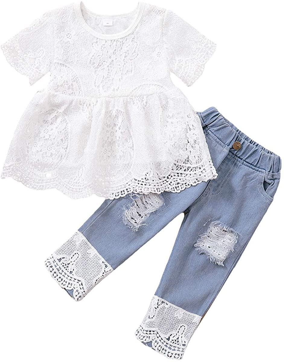 Baby Girl Clothes Outfits Toddler Infant Baby Romper Lace Top+Jeans Clothing Set (White,2-3T,2 Years,3 Years,)