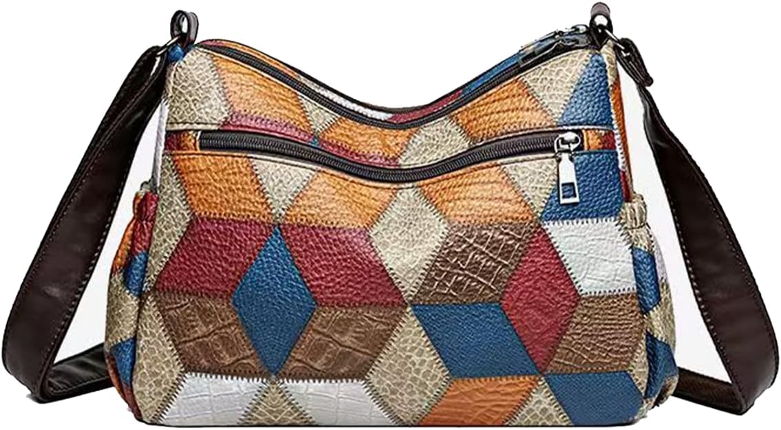 Women's Patchwork Crossbody Bag Soft Fabric Multi-Pocket Shoulder Purse with Adjustable Strap & Metal Hardware