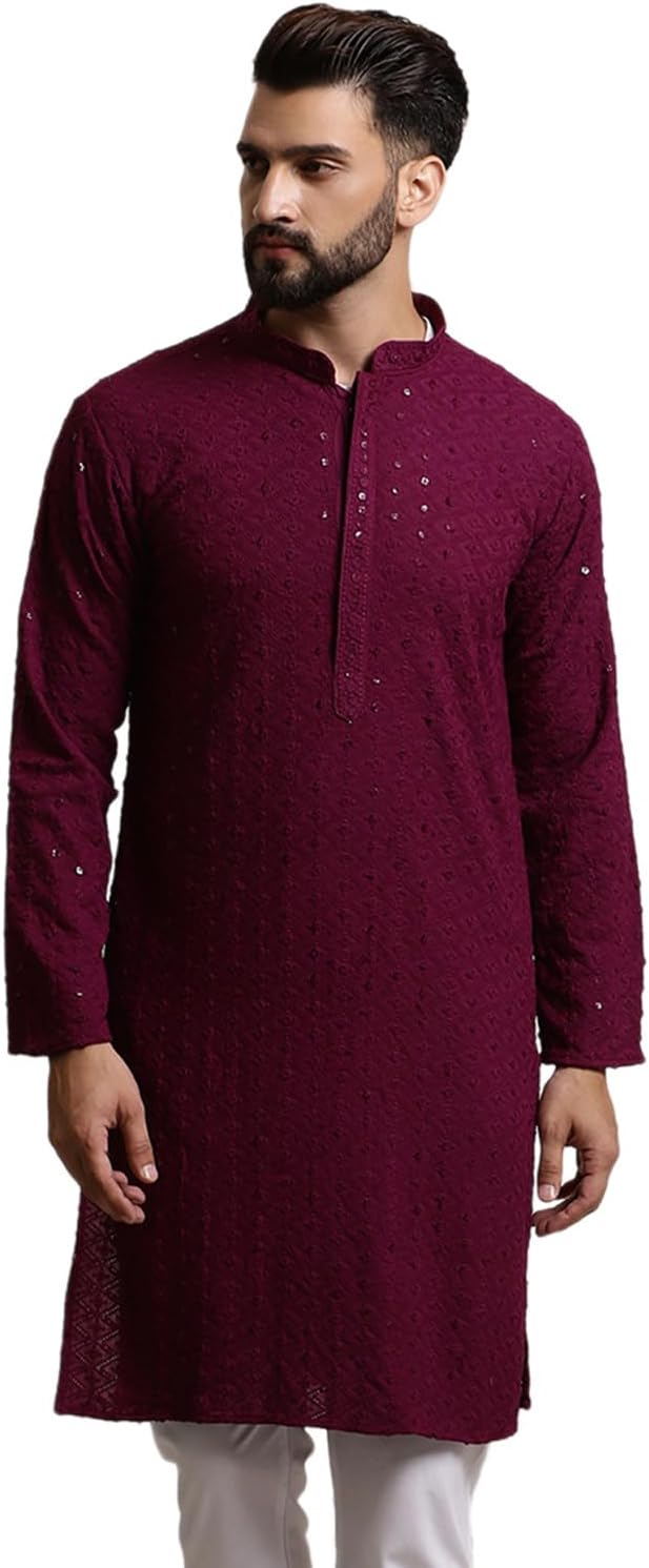 Size Large 40 Color Red Sojanya (Since 1958 Men'S Pure Cotton Sequence Long Kurta