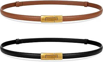 SANSTHS 2 Pack Thin Ladies Waist Belt for Dresses Jeans Pants, Skinny Womens Belt with Antique Gold Buckle