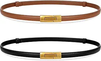SANSTHS 2 Pack Thin Ladies Waist Belt for Dresses Jeans Pants, Skinny Womens Belt with Antique Gold Buckle