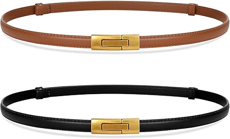 SANSTHS 2 Pack Thin Ladies Waist Belt for Dresses Jeans Pants, Skinny Womens Belt with Antique Gold Buckle
