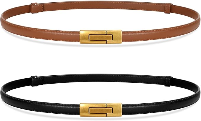 SANSTHS 2 Pack Thin Ladies Waist Belt for Dresses Jeans Pants, Skinny Womens Belt with Antique Gold Buckle