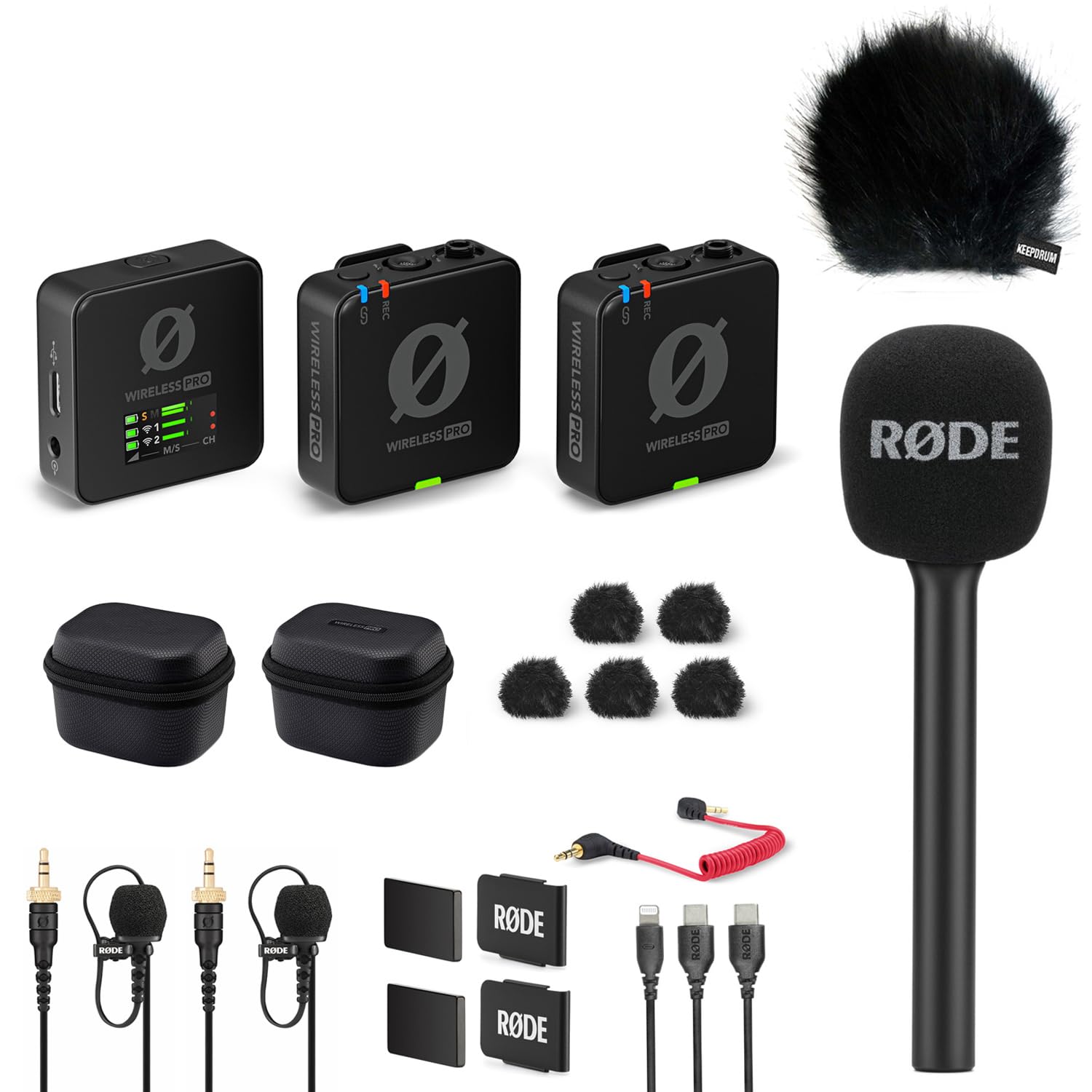 Rode Wireless Pro Kit de microphone avec adaptateur manuel Interview GO et protection anti-vent keepdrum en fourrure Noir