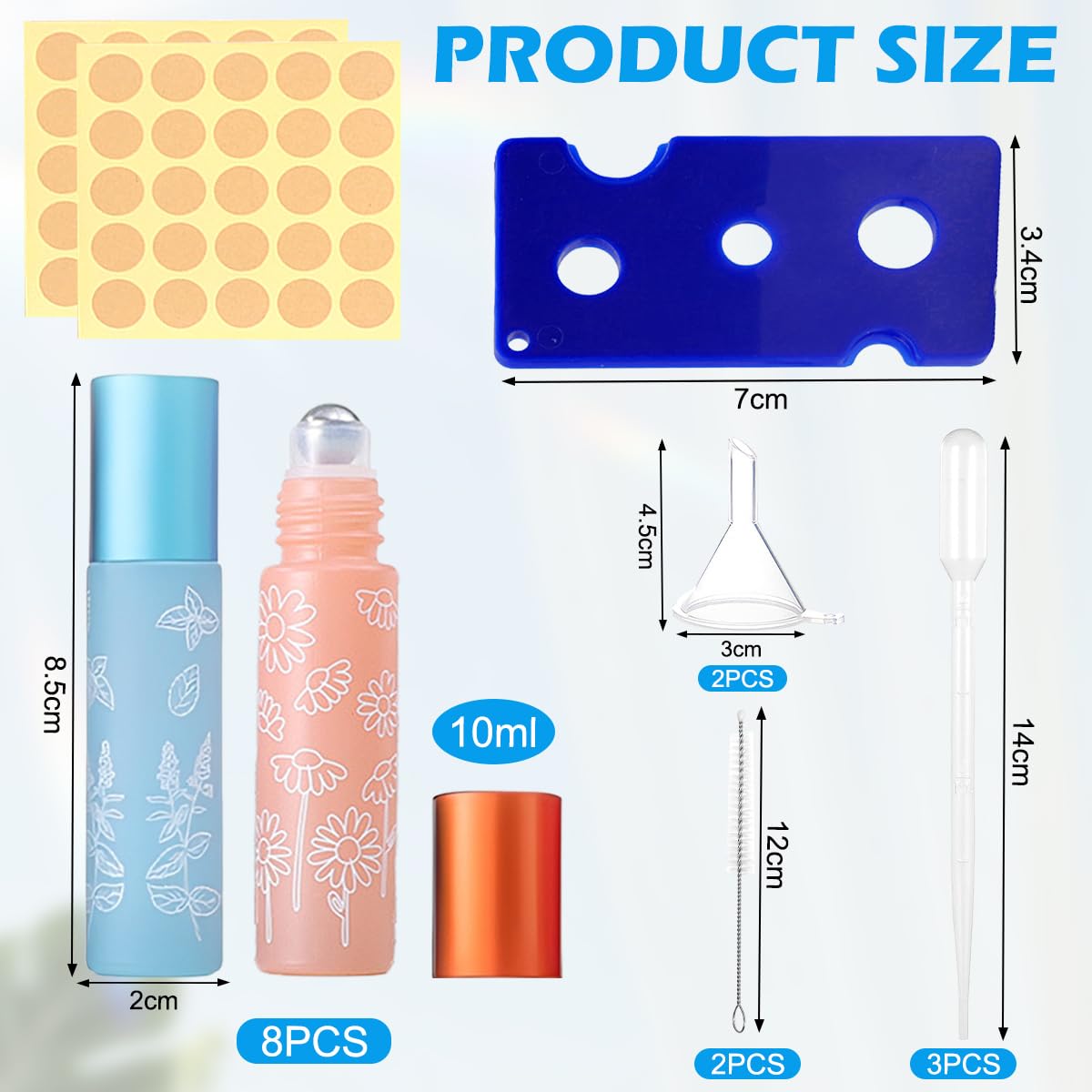 8PCS Flacons Roll-on en Verre 10 ml Flacons Roll-on pour Huiles Essentielles avec 2 Goupillons et 25 Étiquettes Flacon en Verre Vides de 10 ml Flacon Roll-on avec Bille en Acier Inoxydable