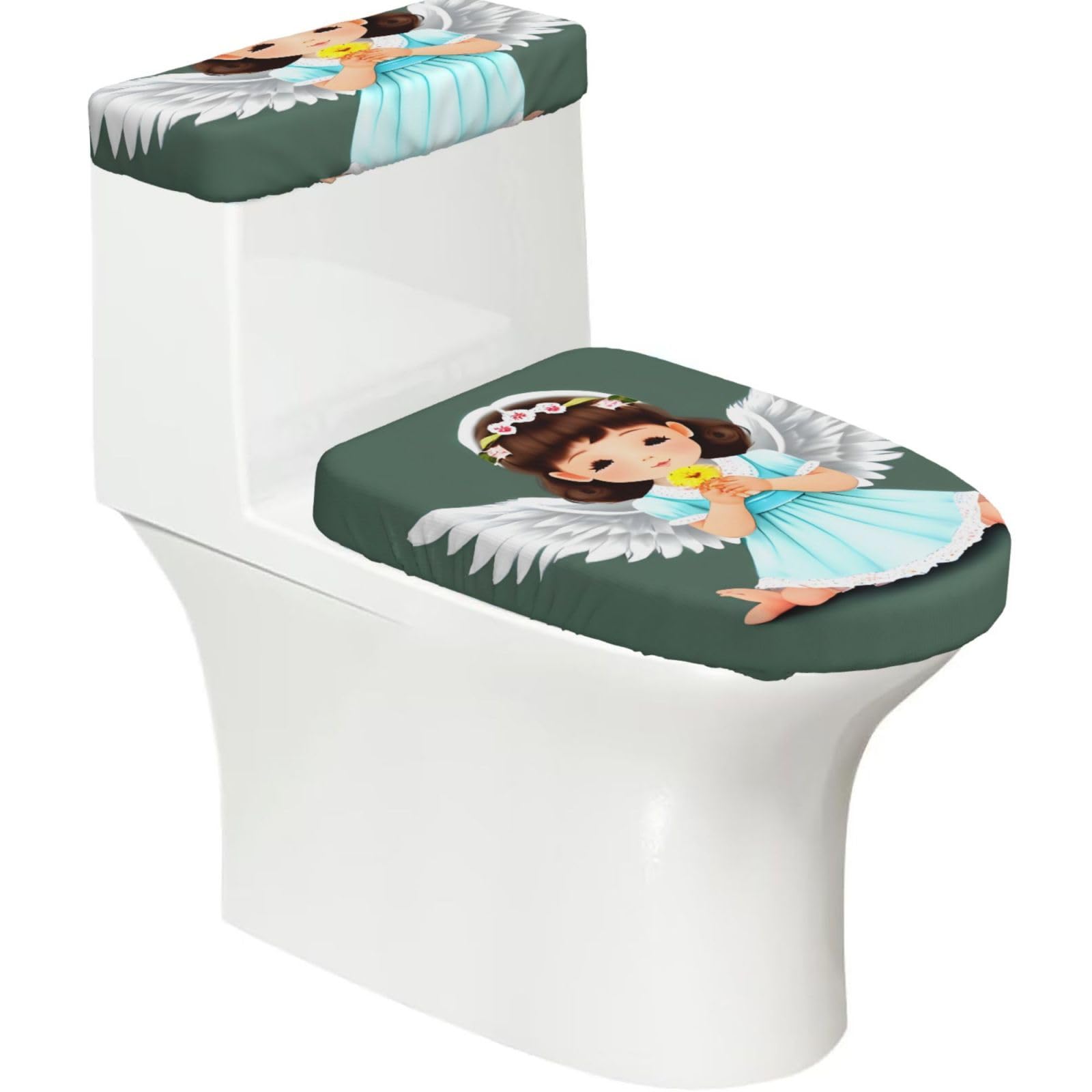 Cute Little Angel Elastic Toilet Cover Set of 2-Stretchy Lid and Tank Covers for Bathroom, Soft Washable U Shape Toilet Decor