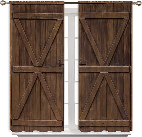 Miniatura 2 de Cortinas opacas rústicas para puerta de granero para niños y niñas, decoración de oscurecimiento de habitación, madera de grano de madera marrón,