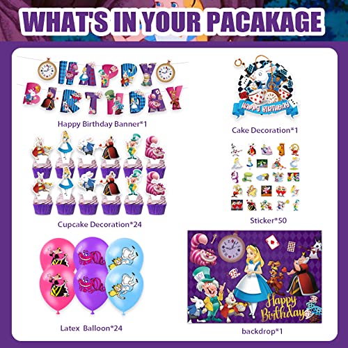 Alice In Wonderland Party Decorations Birthday Party Supplies Includes Happy Birthday Banner, Cake Topper,Cupcake Topper,Backdrop,Sticker, Latex Balloons For Boys Girls Birthday Party Gift. #TOP3