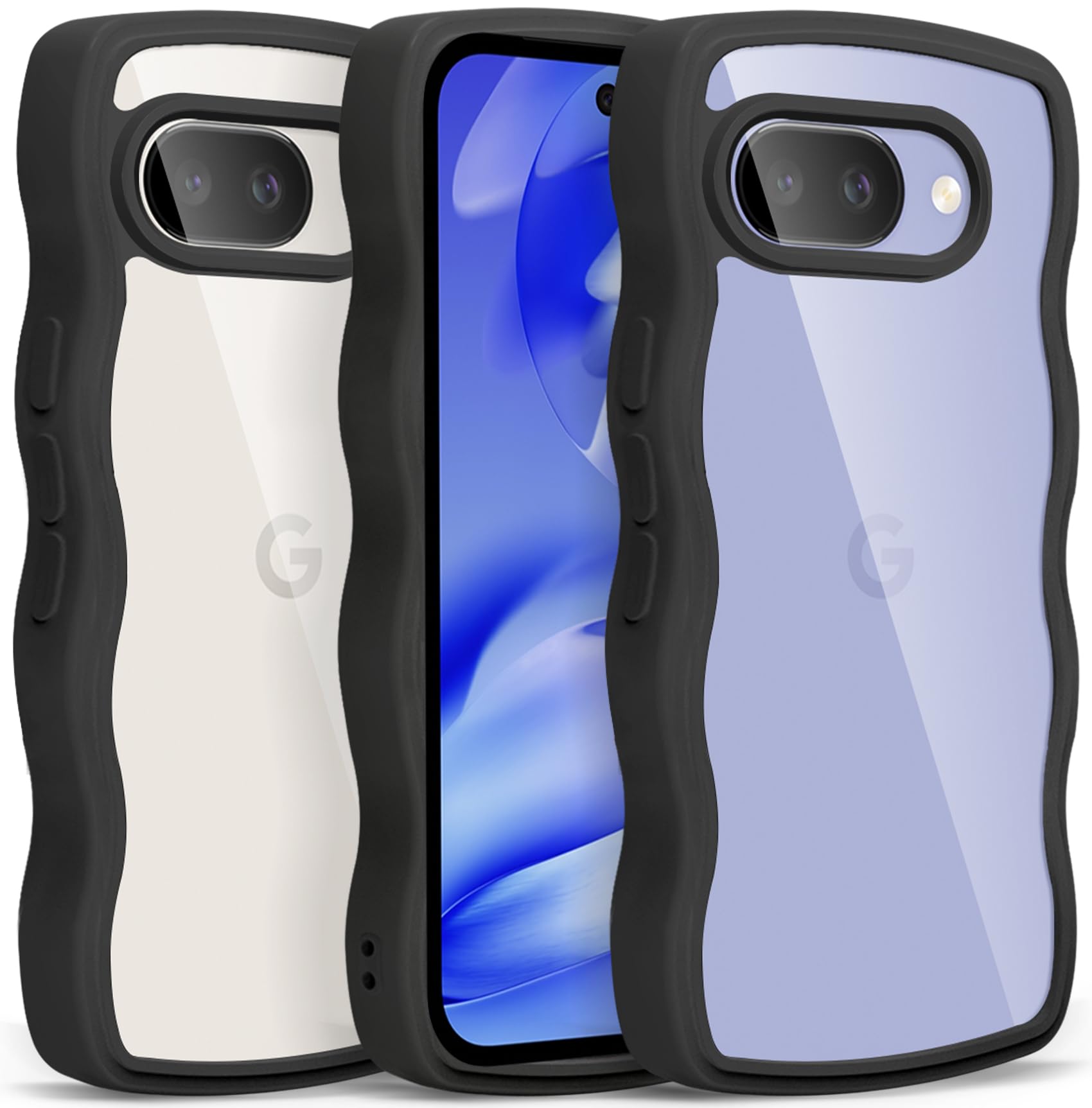 Google Pixel 9A 用 ケース クリア ウェーブ おしゃれ かわいい ピクセル 9A 用 スマホケース 人気 Pixel 9a カバー 滑り止め 薄型 軽量 耐衝撃 ストラップホール付き シリコン 透明(ブラック)