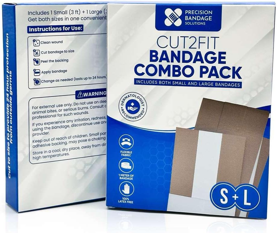 Cut2Fit Adhesive Bandage Combo Pack – Customizable Fabric Bandage Roll (1 Meter Each) – Flexible Wound Dressing with Non-Stick Absorbent Pad – Small & Large Sizes for Home & Travel First Aid