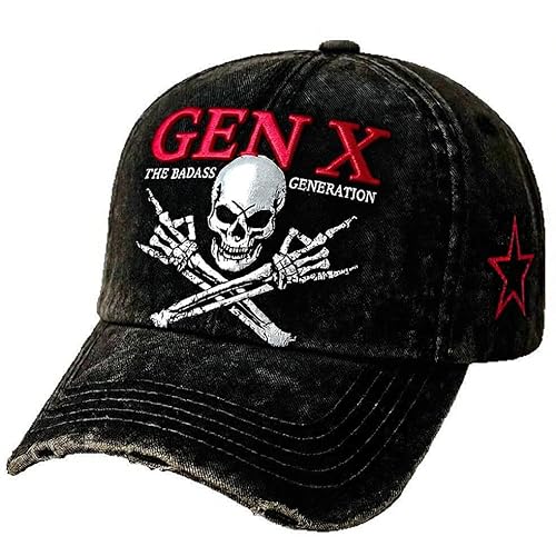 wibuxrf Gen X Badass Skull Cap, Embroidery Generation X Baseball Hat, Black Unisex Adjustable Distressed Retro Hats for Men