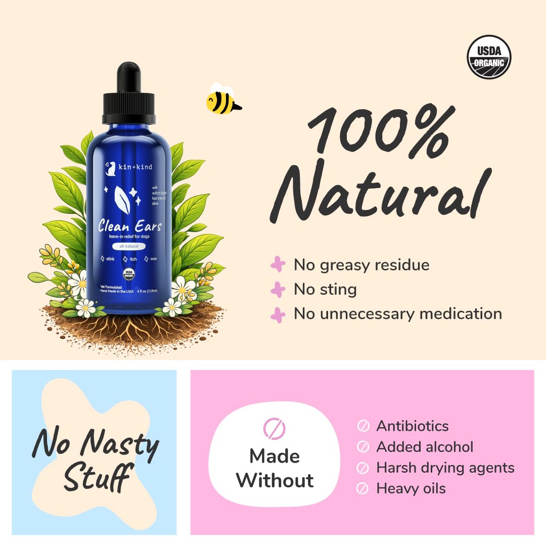 kin+kind Organic Dog Ear Drops & Cleaner Solution - Easy-to-Use Ear Wash for Dogs - Cleans Wax, Dirt & Odor - Gentle Ear Cleaning w/Witch Hazel, Aloe Vera & Tea Tree Oil - Made in USA - 4 fl oz - image 4