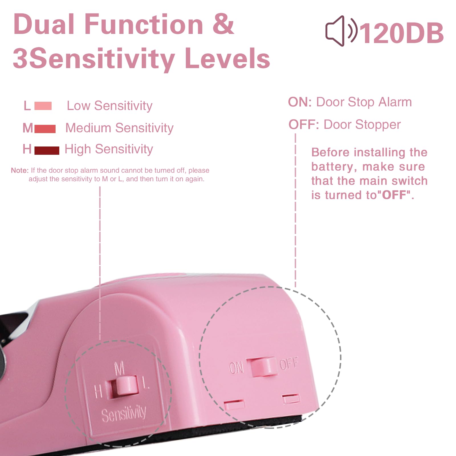 HNHMT Tragbarer Türstopper-Alarm, Türstopper mit 120 dB lautem Sicherheitsalarm, Reisetür, Türstopper, Keilsensoren, Sicherheitsvorrichtungen für Reisen, Wohnung, Hotel und Zuhause, Rosa, 2 Stück