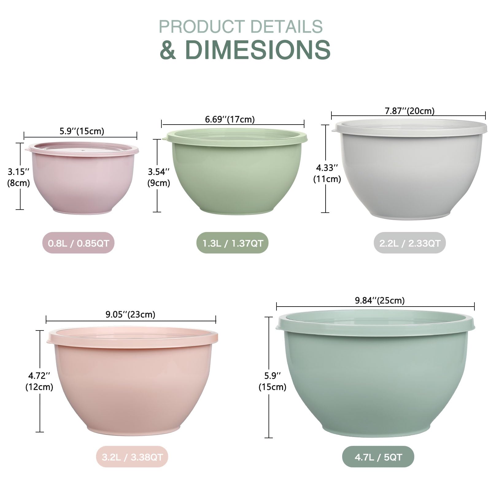 Greentainer Plastic Mixing Bowls Set including Lids, Nesting Bowls for Prepping Serving, Cooking & Baking - Image 2