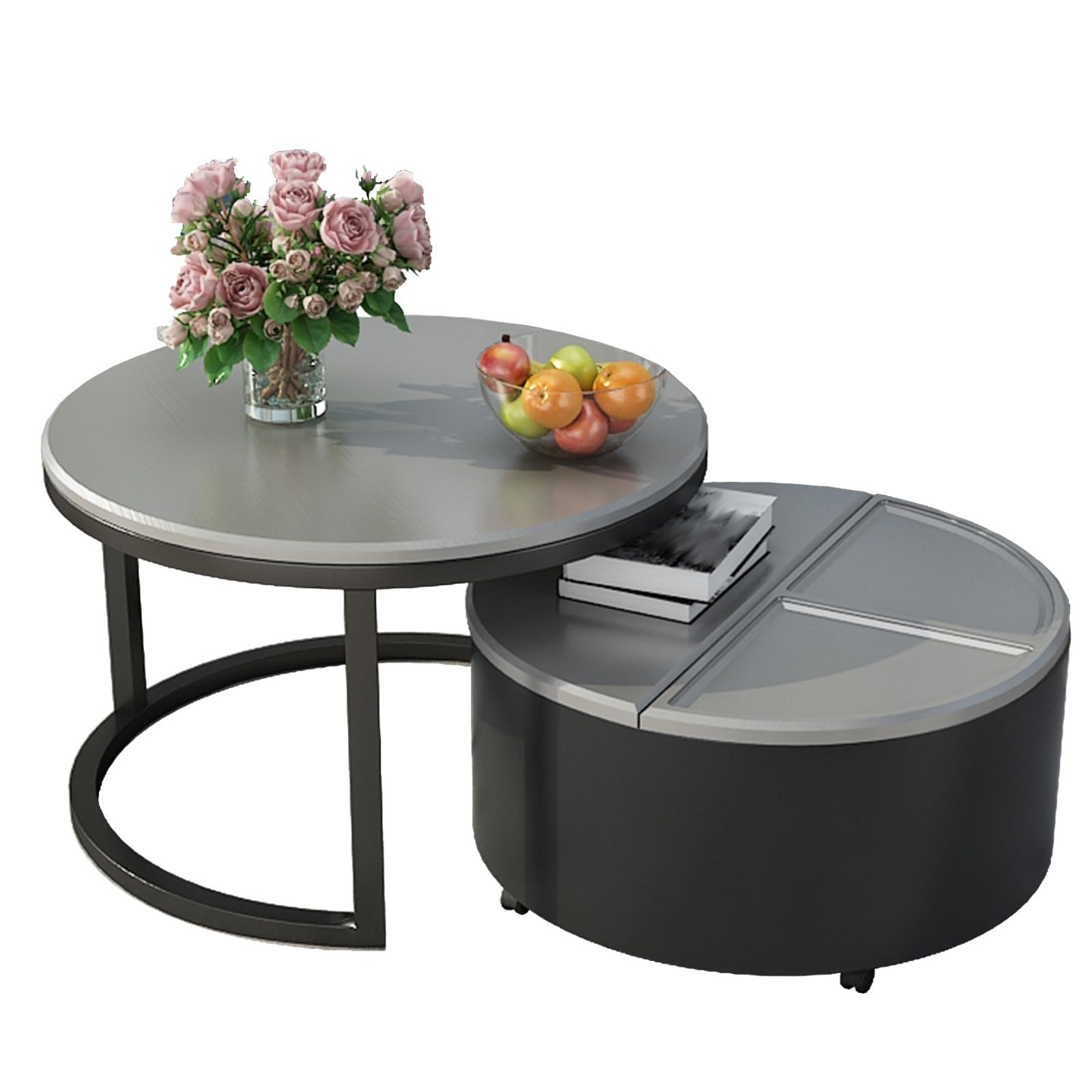 SXZenSpace Round Coffee Table Set of 2, Nesting Tables for Living Room, Small with Storage, Side Wheel, Space, Home Office, Bedroom(Gray)