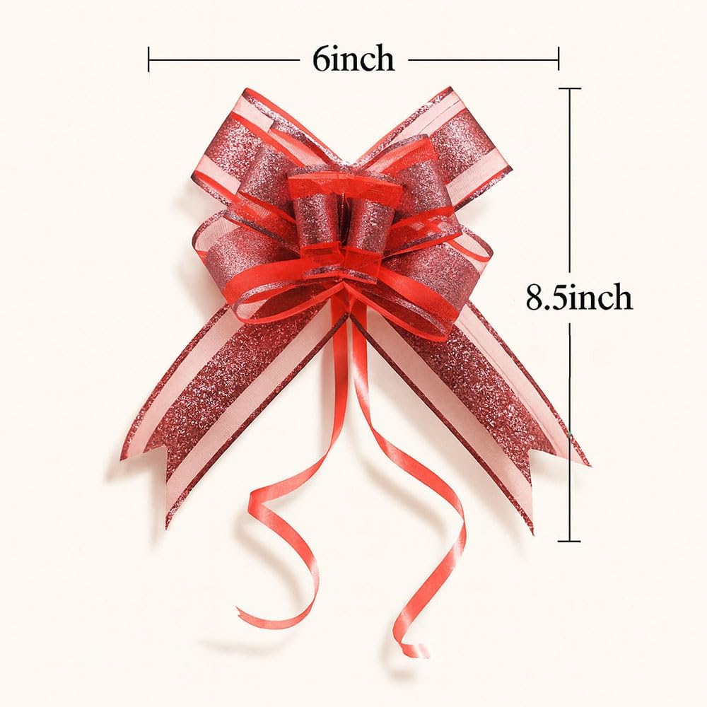 Red Glitter Pull Bows–6 Inch 10 Pack Romantic Gift Bows for Valentine, Christmas, Birthday Presents DIY, Party & Holiday Wrapping Decorations - Image 2