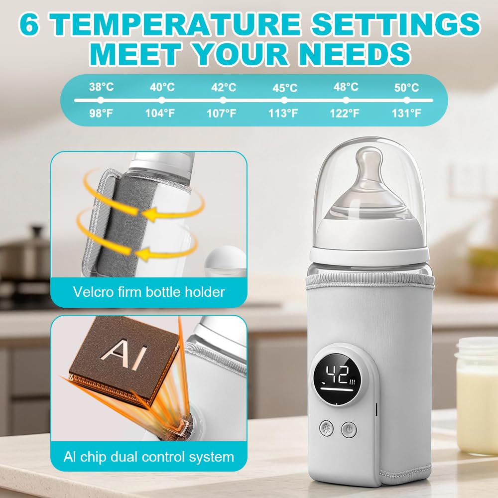 Chauffe-biberon portable pour bébé, plug-in, chauffe-biberon portable pour bébé en déplacement, 6 températures réglables 38-50 °C, chauffe-biberon avec écran LCD, blanc