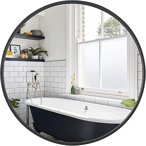SHERBECK Espejo de pared redondo grande de 240in con marco de aluminio cepillado y marco negro para baño decoración de pared para entradas baños y