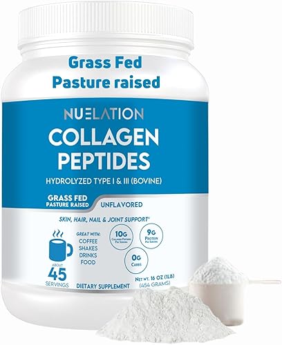 Proteína en polvo de péptidos de colágeno alimentados con pasto sin sabor 1 libra, 45 porciones. Colágeno bovino hidrolizado tipo 1 y 3 para mujeres