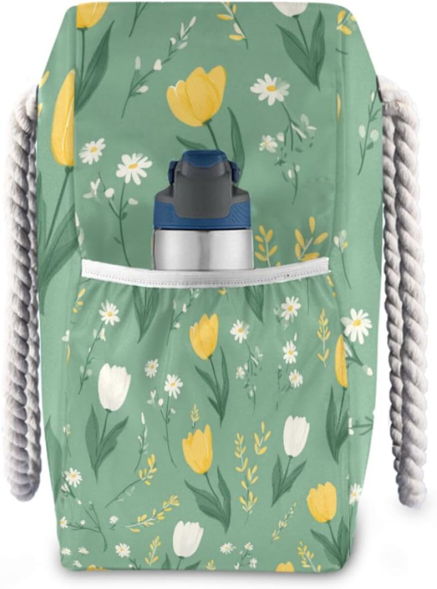 OTVEE White Yellow Tulips Pattern Beach Bags for Women Ladies Large Canvas Tote Shoulder Bag Waterproof Travel Bags for Gym Swim Pool Camping