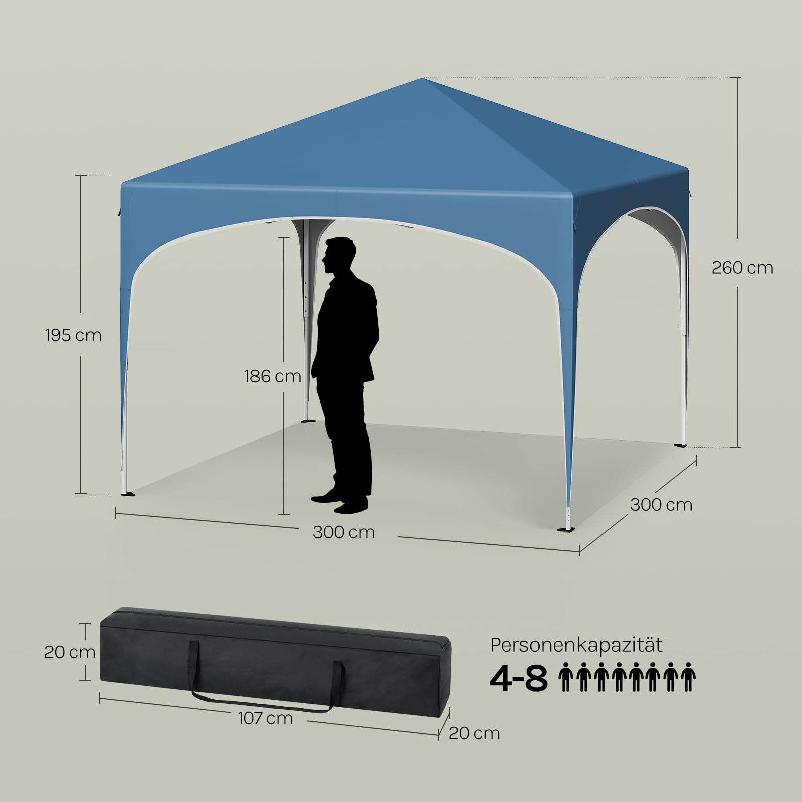WOLTU Pavillon Faltbar wasserdichter Faltpavillon Sonnenschutz Event Gazebo Gartenpavillon auf Terrasse Camping Festival mit Halbmonddach Pagodenzelt des Halbkreises aus Oxford Metallrahmen 3x3m Blau