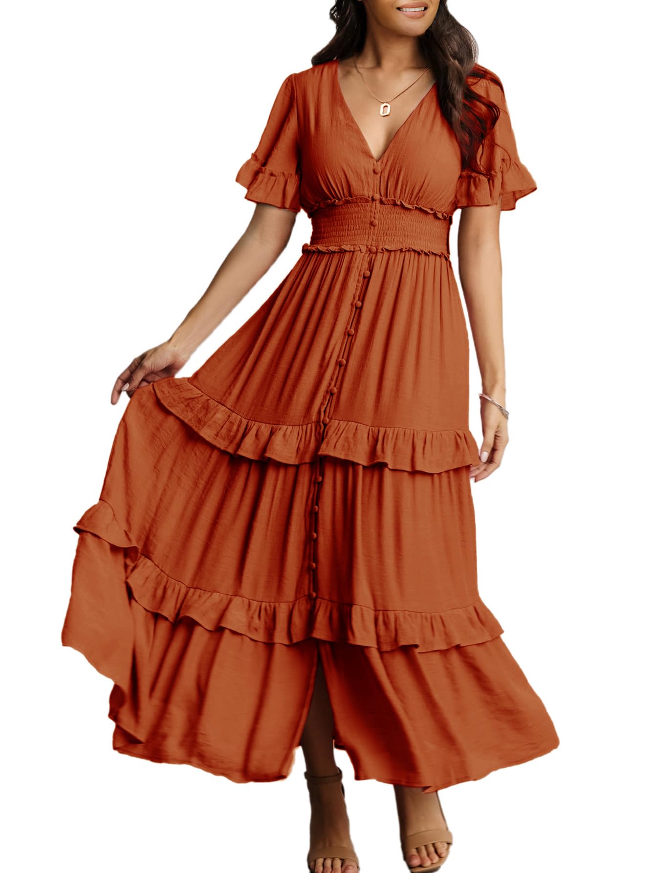 Amegoya Women's V Neck Long Sleeve Boho Maxi Dress Summer Wedding Guest Long Flowy Engagement Dresses