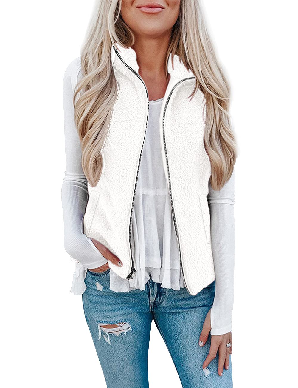 Rapbin Teddy Fleece Weste Damen,Herbst Winter Warm Ärmellos Westen Pelzjacke & Leicht Casual Einfarbig Damenweste Herbstmantel