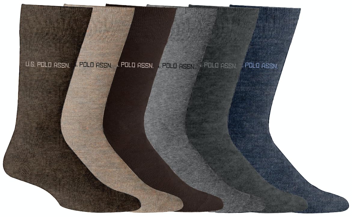U.S. Polo Assn.6 Pair Men's Crew Length Soft Dress Socks - Breathable & Moisture Control Socks for Indoor or Outdoor Wear, BRW 7635 (Shoe Size 6-12)