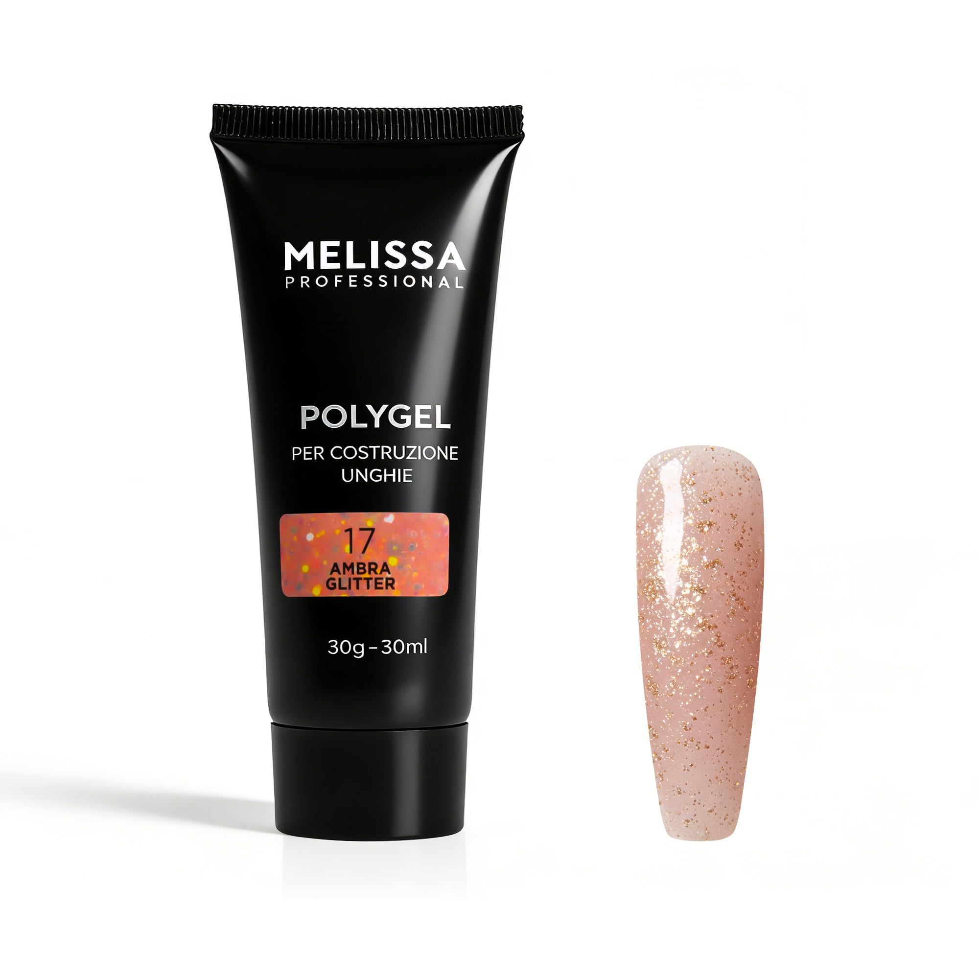 Melissa Polygel 30ml – Gel Costruttore Professionale per Ricostruzione Unghie – Alta Resistenza, Facile da Modellare, Polimerizza in Lampada UV/LED – Effetto Naturale e Brillante (Ambra Glitter)