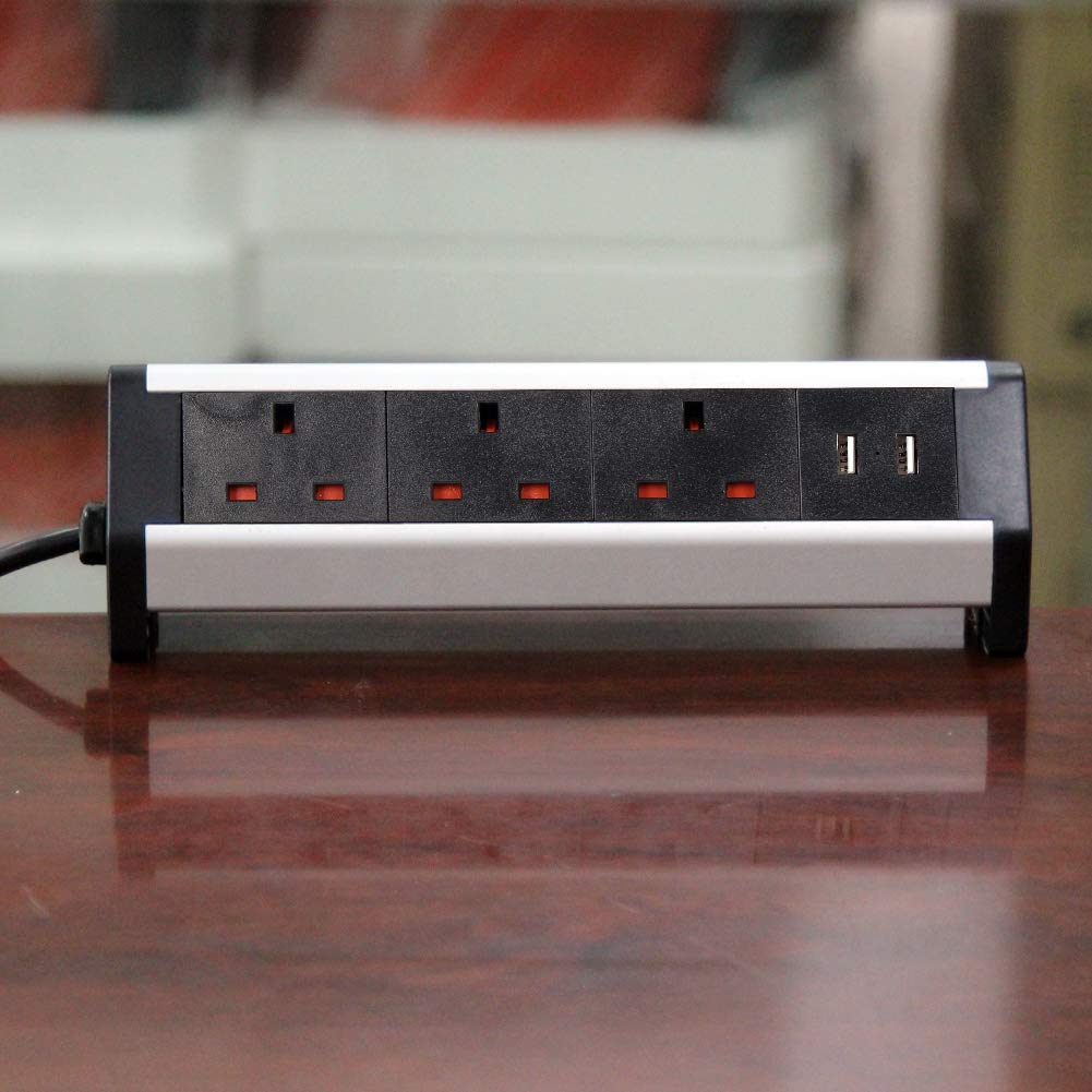 Desktop Power Socket Extension with 2 USB,3 UK Plug and 2 Mount Clamp,Worktop Socket for Home