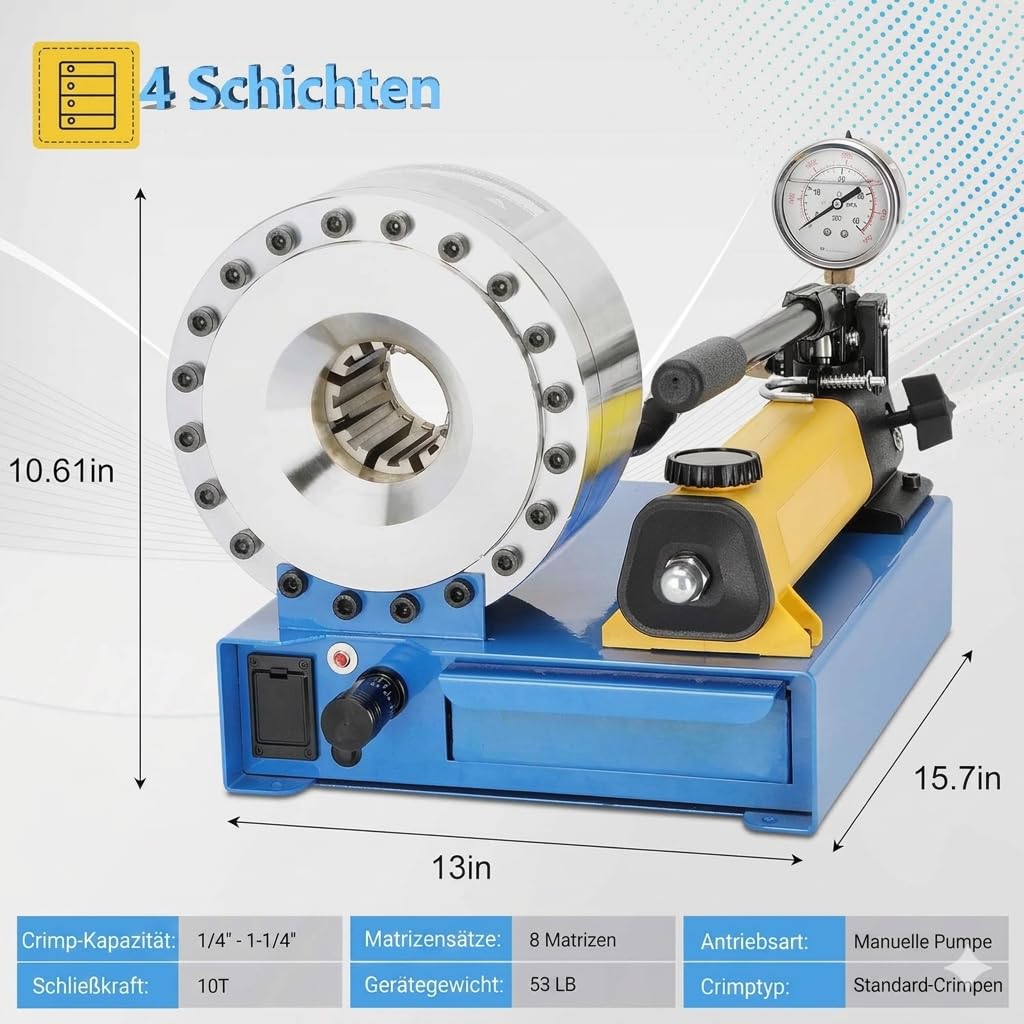 Kit Crimpadora Hidráulica Profesional para Mangueras | Fuerza 2000kN | 8 Matrices(10-30mm²) para R1/R2 de 1/4" a 1" | Prensadora de Reparación Automotriz, Agrícola e Industrial | Certificación CE.