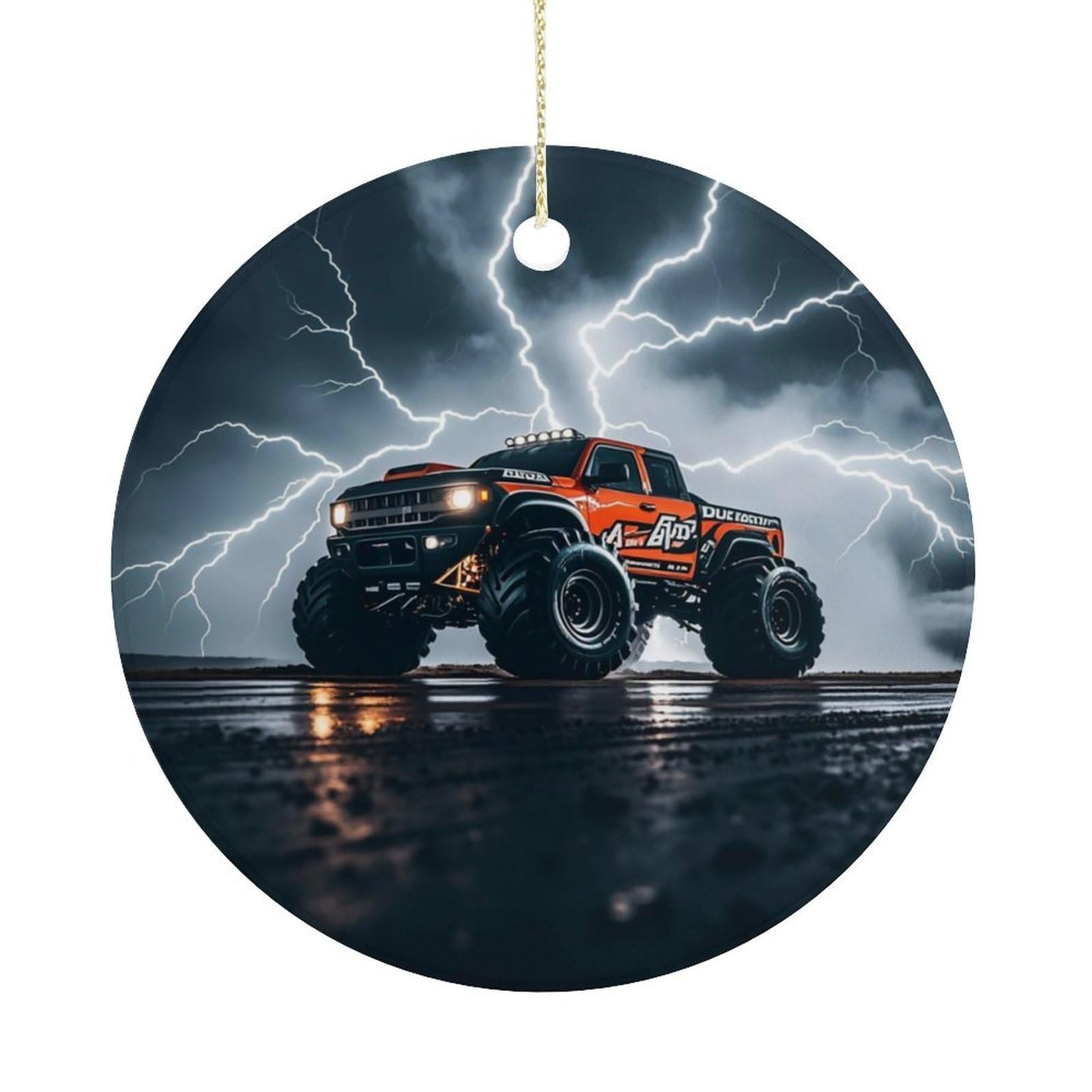 Personalized Christmas Ornaments 2025 Ceramic Hanging Monster Truck Black Sky Lightning Roar Ornaments with Gold String Double-Sided Vintage Holiday Decorations for Tree Mantel Tabletop Xmas Party Fav