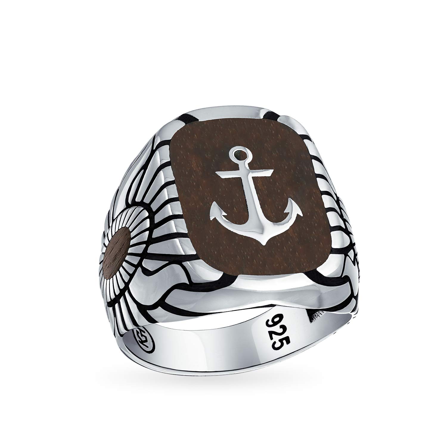 Bling Jewelry Personalize Mens Nautical Black Onyx Gemstone Or Etched Brown Wood Inset Large Boat Anchor Signet Ring For Men Solid .925 Sterling Silver Made In Turkey