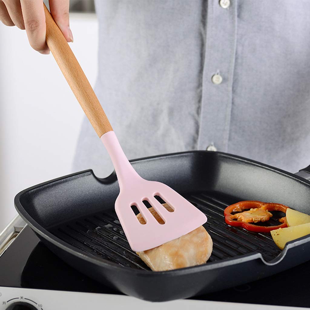 YYDS Koch Utensilien Silikon-Küchenzubehör Set mit Halter Kochgeräte-Satz, 11 PCS Holzgriff Antihaft-Kochgeschirr-Set, Küchenhelfer Utensil, Rosa Kochzubehör