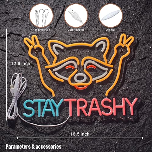 Image of Stay Trashy Racoon Neon Sign for Wall Decor LED Light USB Powered Dimmable Art Signs for Bar Pub Store Man Cave Kids Room 16.2 X 12.6 inch