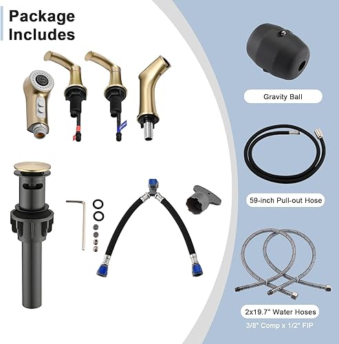 Miniatura 8 de Besfelos Grifo de baño con rociador extraíble, juego central de 4 pulgadas, grifo de fregadero de 3 agujeros, grifo extraíble de 2 manijas para