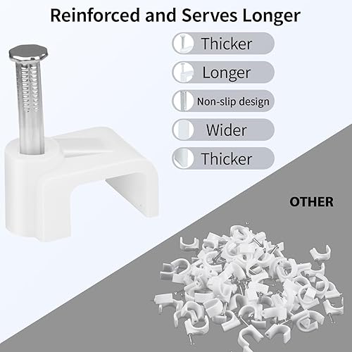 Miniatura 5 de LeMotech Clips para cables planos, 200 clips de pared de alambre de 0.394 pulgadas con clavos de acero, abrazaderas coaxiales para gestión de cables