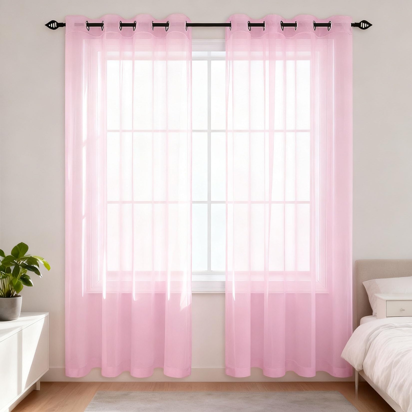 Ösenvorhang 180 x 250 cm Halbtransparent, Transparent Luftig, Einfache Montage, Weich Und Langlebig, Waschbare, mit Kräuselband Kurze Vorhänge für Esszimmer, Heimbüro, Rosa
