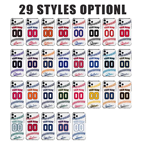 BOSTEPY Custom Baseball Team Name & Number Case for iPhone 15 14 13 12 11 Pro Max Mini Xr Xs X 7 8 Plus SE 6s 6,Personalized Baseball Team Protective Customized Transparent Phone Case Cover