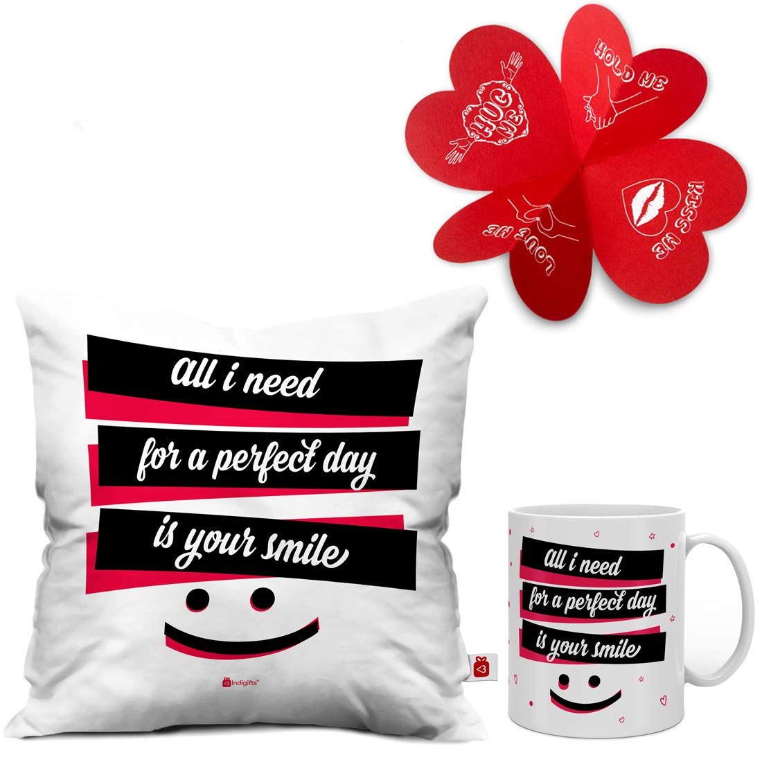 Indigifts Need Your Smile for Perfect Day Cushion Cover 12X12 with Filler-White and Coffee Mug Gift for Wife Husband Fiance Spouse