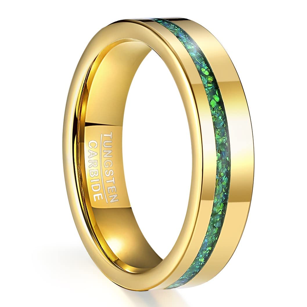 NUNCAD Anillo Hombres Mujeres Carburo de Tungsteno Dorado con Ópalo Sintético Verde/Malaquita Anillo de 6 mm para Alianza Boda Compromiso Diarios y Moda Tamaños (11.75-27.25)