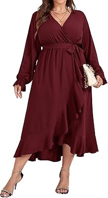 SCOMCHIC Women Plus Size Formal Dresses Fall Long Sleeve Faux Wrap V Neck High Low Ruffle Cocktail Wedding Guest Maxi Dress