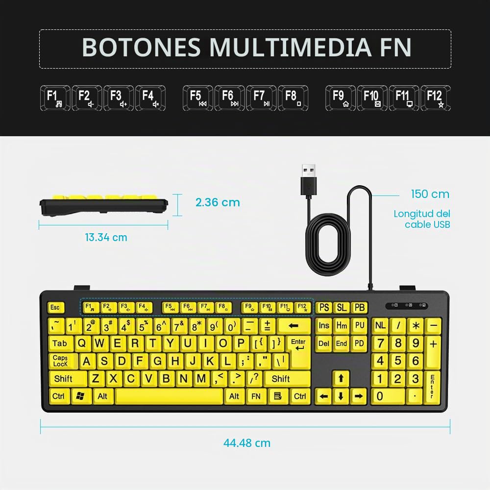 Teclado USB de Gran Fuente, Diseño Prueba, Rápido y Silencioso, Teclas Amarillas, Alto Contraste para Ancianos y con Discapacidad Visual
