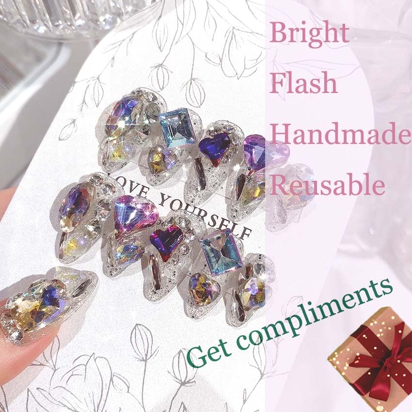 Miniatura 2 de Uñas postizas a presión de almendra, medianas y brillantes, hechas a mano, con pegamento, con diseños de diamantes de imitación grandes en 3D, uñas