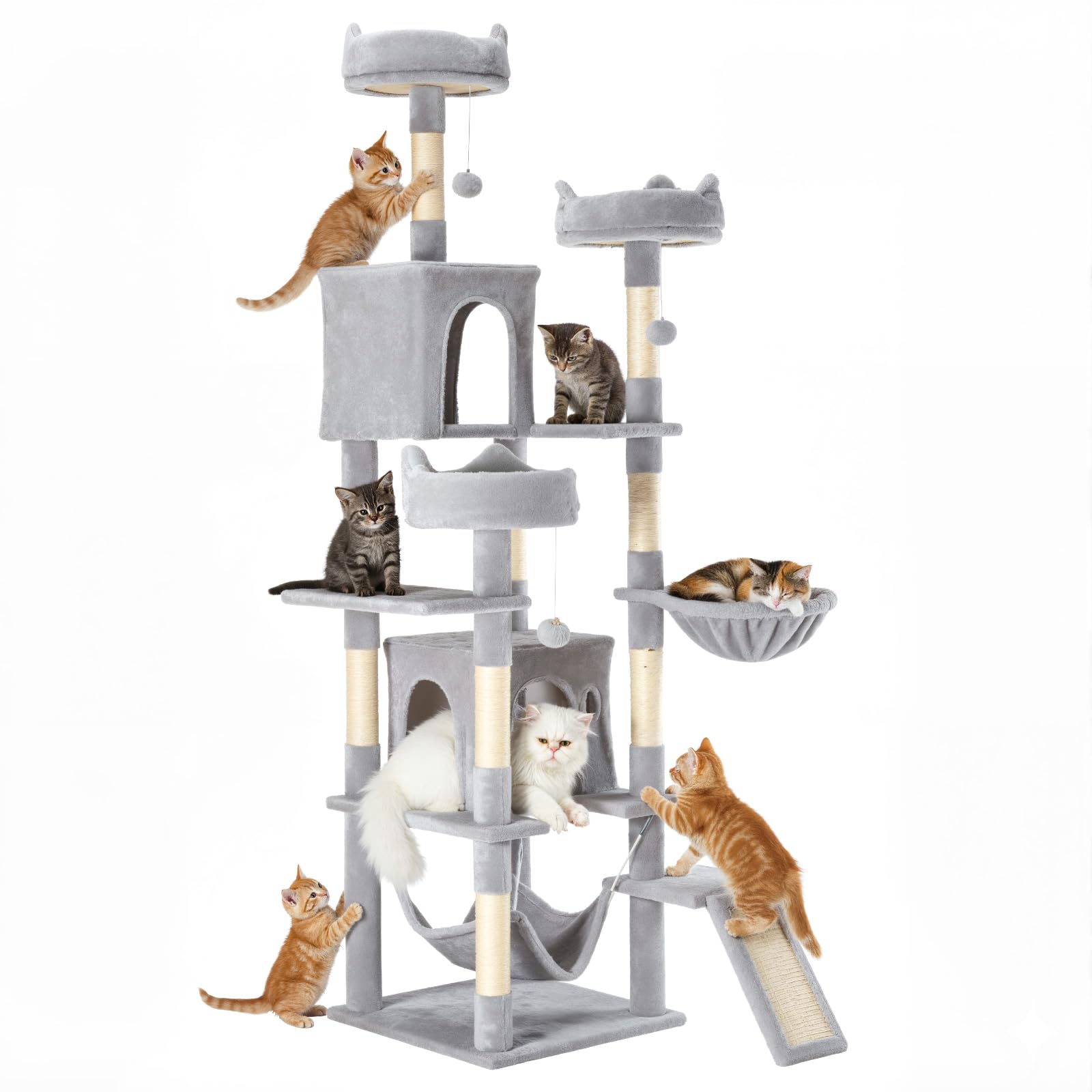 Sweetcrispy Cat Tree 75 Inch, Large Multi-Level Tall Cat Tree Tower with Condo, Perches, Sisal Scratching Posts Board and Hammock, Pet Play House with Dangling Balls for Indoor Cats, Light Grey