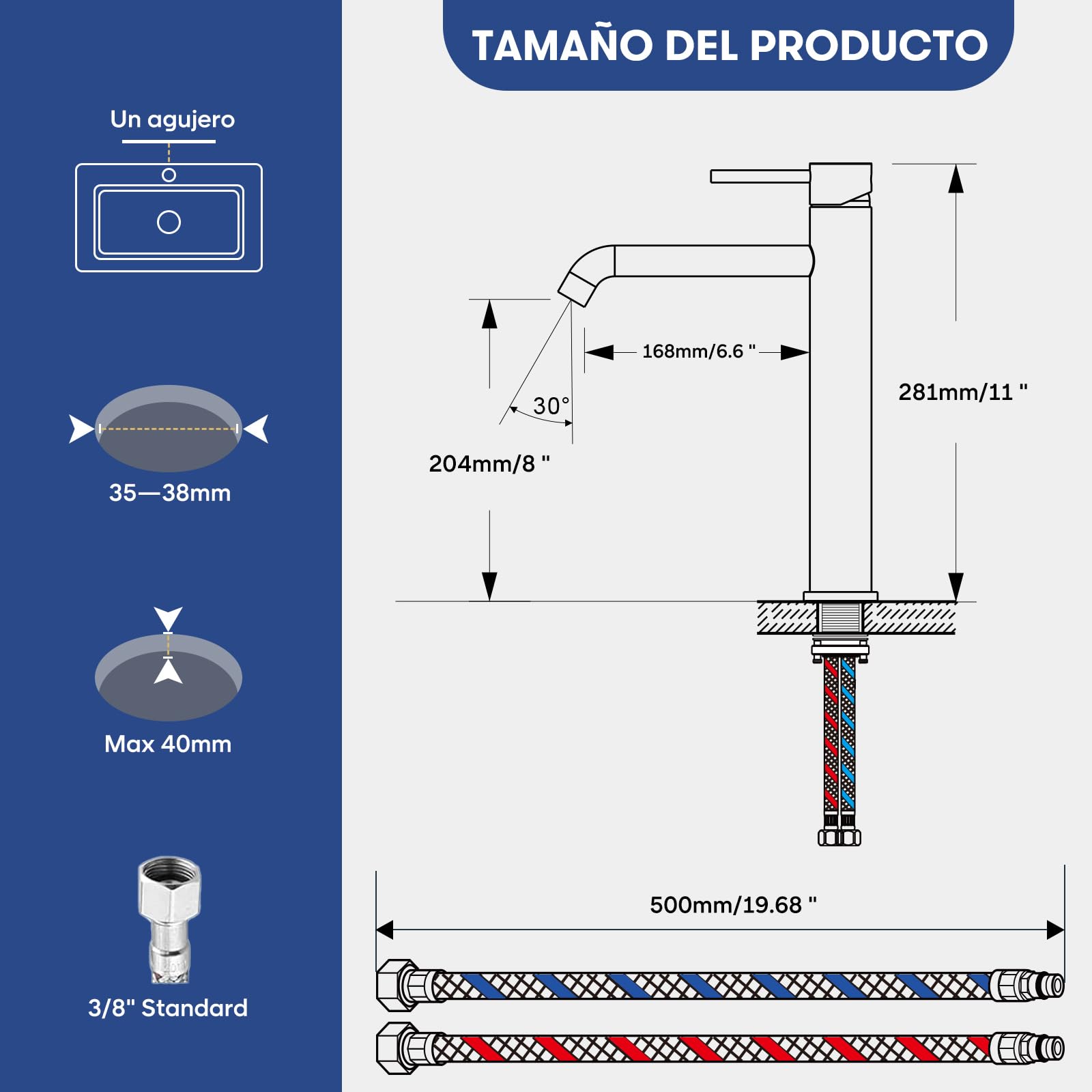 Grifo Lavabo Alto, BuntHaus Grifo Monomando Lavabo Agua Fría y Caliente, Grifos para Lavabo de Encimera, Grifos Mezclador de Baño de Acero Inoxidable 304, Aireador Extraíble, Sin Plomo, Cromado