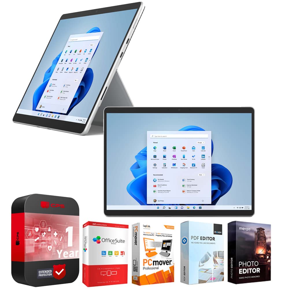 Microsoft 8PV 00001 Surface Pro 8 13'' Touchscreen Intel i7-1185G7 16GB/256GB - Platinum Bundle with Elite Suite 18 Software + 1 YR CPS Enhanced Protection Pack, E9MS8PV00001