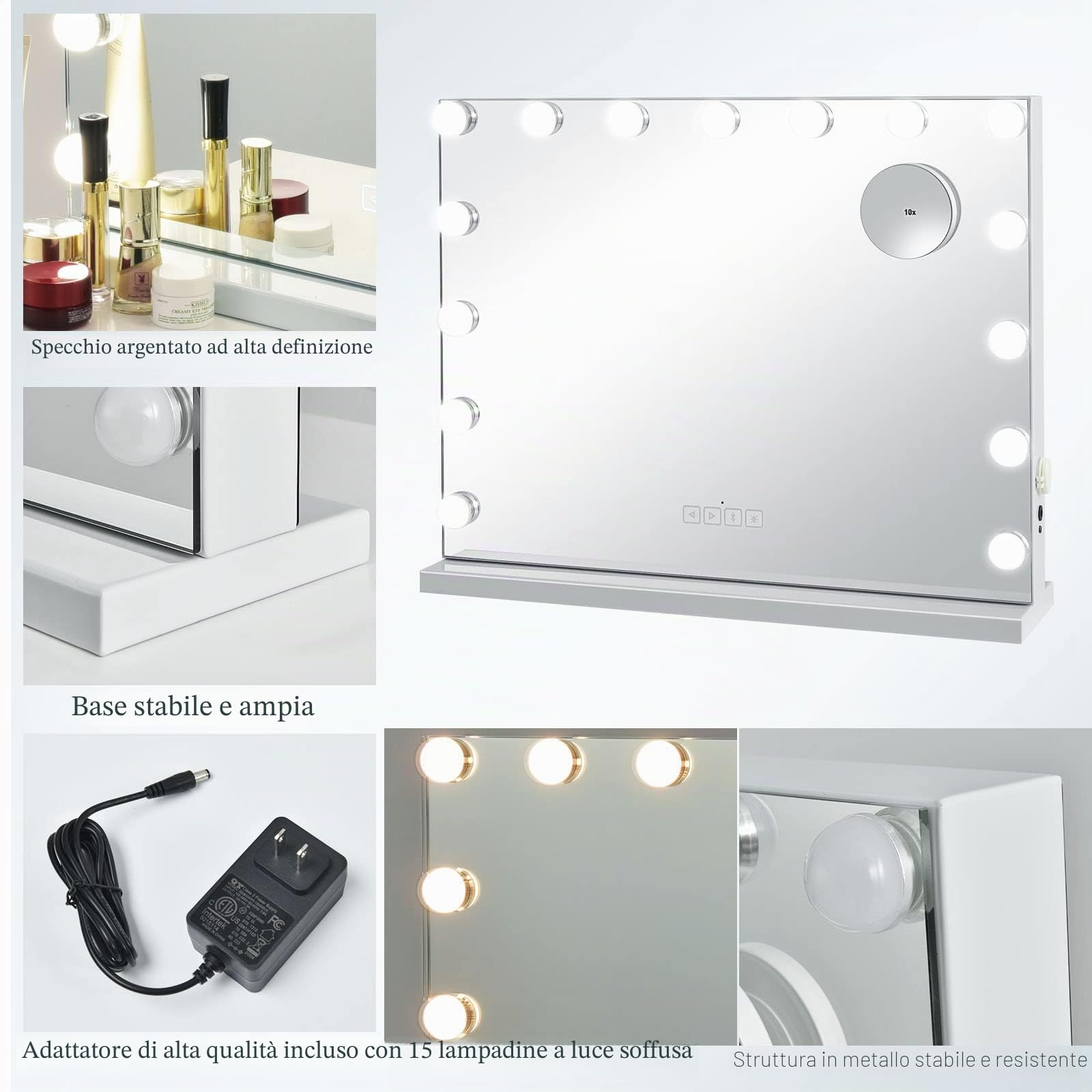 LIFEZEAL Specchio Trucco con Luci, Specchiera Hollywood con 15 Lampadine Led, Specchio da Tavolo e da Toeletta Ingranditore 10X e Smart Touch, 3 Modalità di Luminosità e Musica Bluetooth, 58 x 48 cm