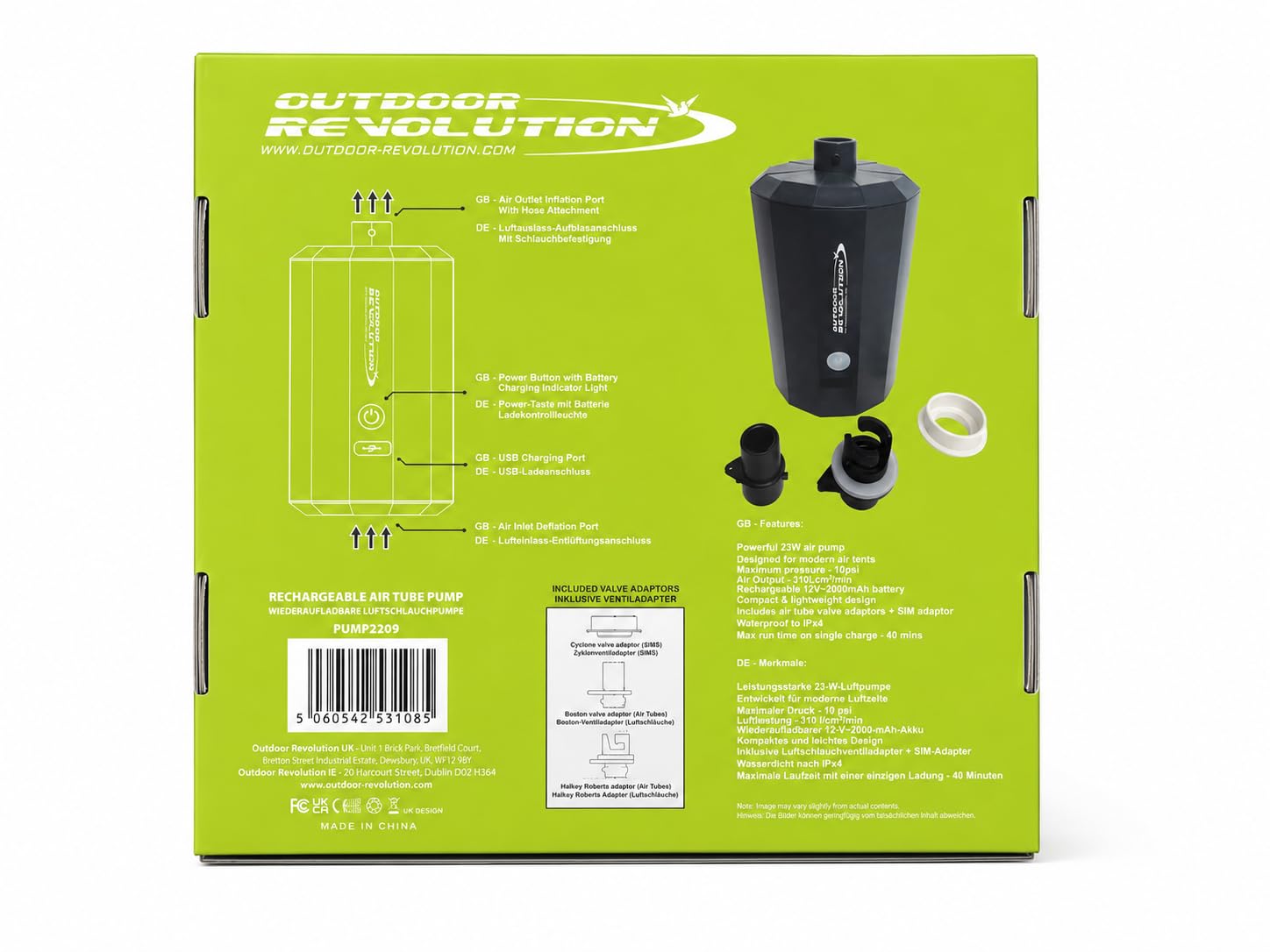 Outdoor Revolution Pompe Gonflable Rechargeable pour Tente et auvent Haute Pression 10 PSI 12 V ou USB avec adaptateurs de Valve